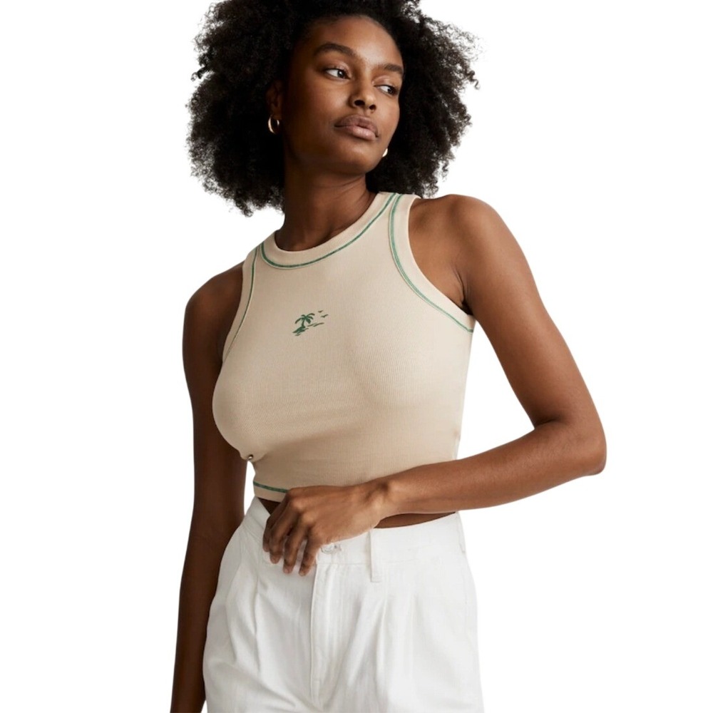 Madewell Ribbed Tank Top Palm Tree Embroidery Green Trim Tan Size S